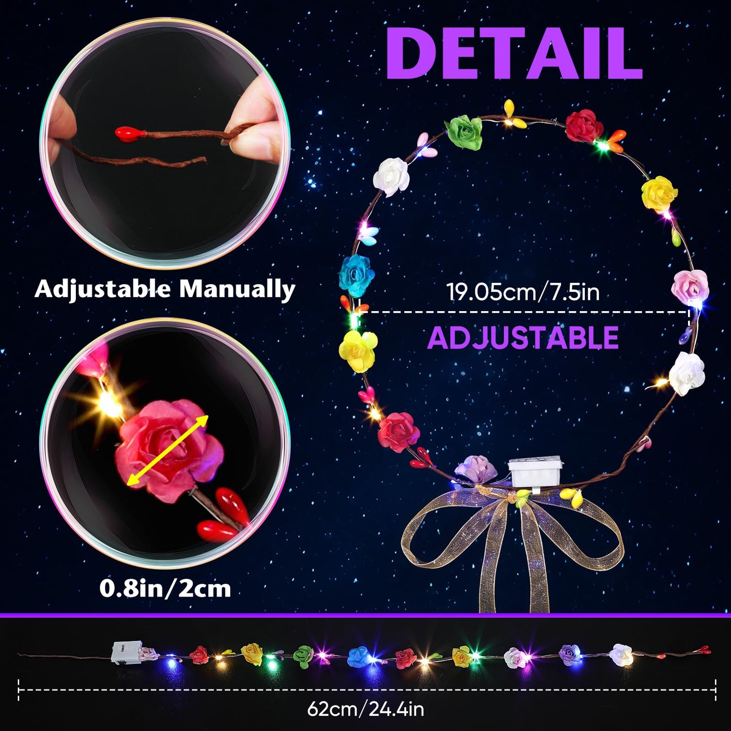 Chicloop 50 PCS LED Flower Crowns Headbands with Ribbons, Light Up Flower Headband for Women, Glow in the Dark Party Supplies for Wedding Birthday Party