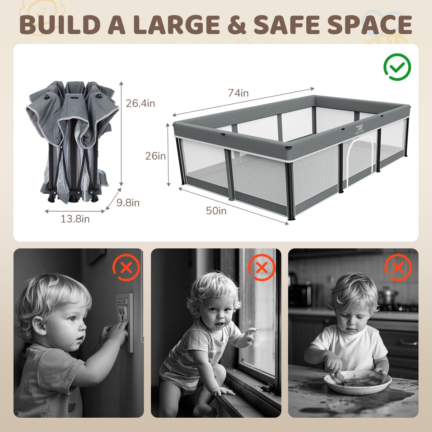Foldable Baby Playpen with Mat - 74"X50" Large Play Yard for Babies and Toddlers - Indoor & Outdoor Portable Playpen with Storage Bag & 30 Ocean Ball - Baby Fence with Visible Mesh & Zipper Door,Grey
