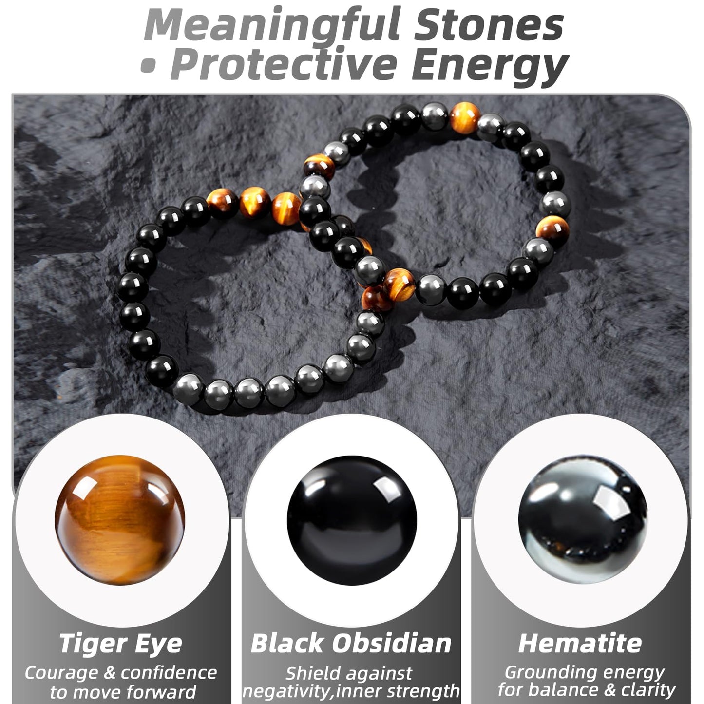 CATHESSE 2PCS Triple Protection Bracelet Set, Natural Tiger Eye Black Obsidian Hematite Beaded Stretch Bracelets for Men Women, Handmade Crystal Jewelry Gift for Stress Relief & Balance (Guardian Stack)