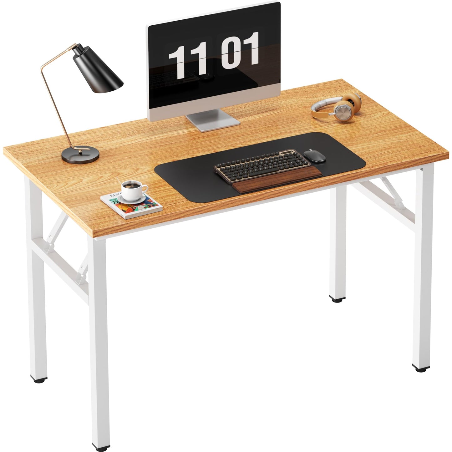 Need Folding Computer Desk - 39.4 Inch Foldable Office Writing Work Study Kids Student Teacher Home Bedroom Table for Small Space, Teak & White