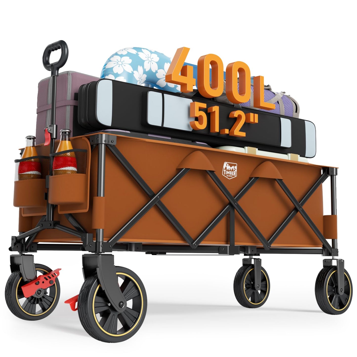 Timber Ridge 51.2'' Extended Collapsible Wagon Cart with Brakes and Cargo Net, 500LBS Heavy Duty Foldable Utility Wagon with Adjustable Handle, 400L Capacity Portable Cart for Camping Sports, Orange