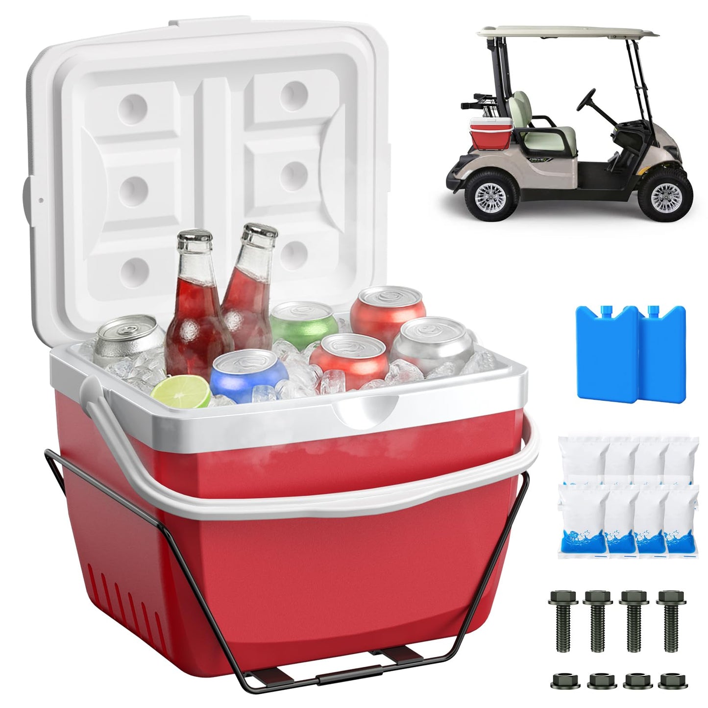 Upgrade 15L Golf Cart Cooler, Portable Golf Cart Ice Chest with Mounting Bracket, Ice Packs, 15 Quart Large Capacity Strong Insulation Ice Cooler Fits Club Car EZGO Yamaha (Red Golf Cart Cooler)