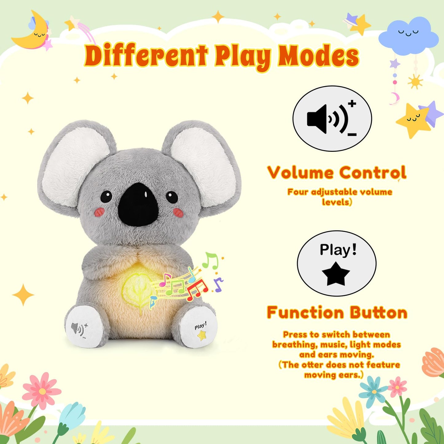 BRICHOEE Breathing Stuffed Animal, Soothing Koala Stuffed Animal with Moving Ears, Breathing Motion, Calming Sound and Light for Baby Sleep Companion Portable Plush Toy Gifts for Kids Newborns