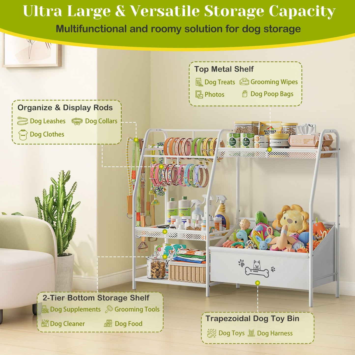 Large Dog Toy Basket with Dog Storage Organizer, Trapezoid Dogs Toy Bin Box with Collar Leash Holder Hook, Toy Holder Chest Pet Storage Cabinet for Living Room, Dogs Essentials for Pet Lovers Gift