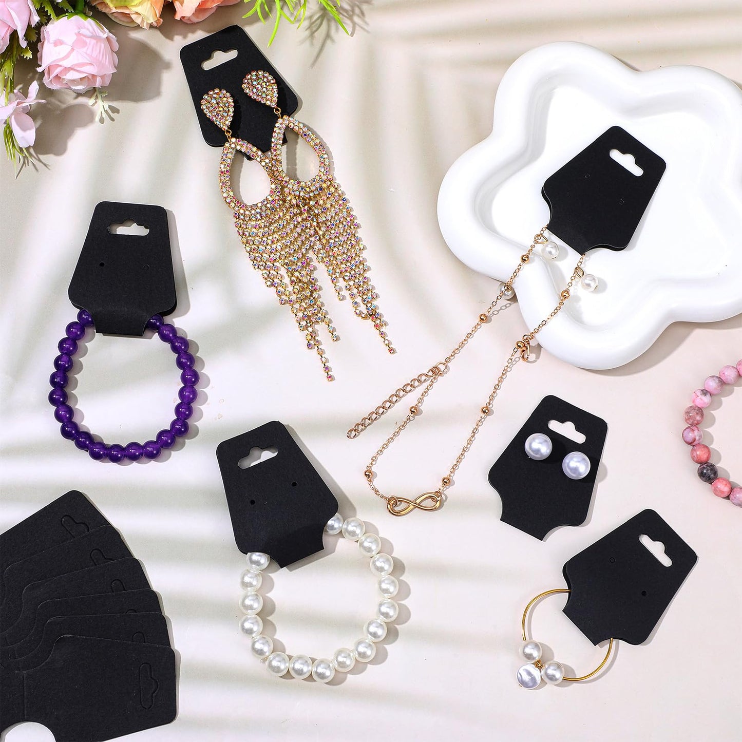 800 Pcs Necklace Display Cards Adhesive Jewelry Packaging Card Paper Keychain Display Card Hanging Bracelet Holder for Choker Earring Hairband Displaying Small Business Supplies (Black)
