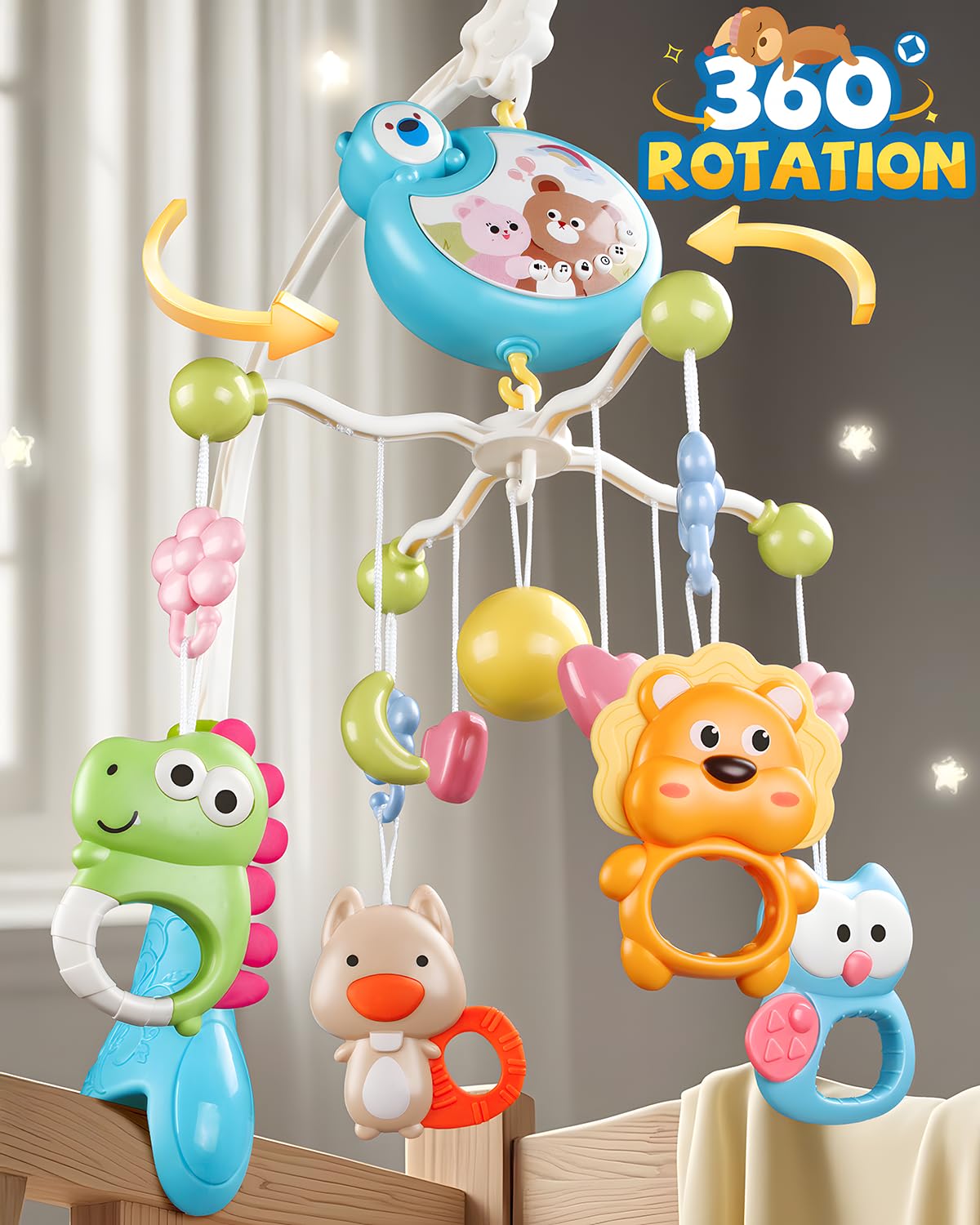 RSEPD Crib Mobile With Music And Lights, Mobiles For Cribs, Baby Mobile Arm Toys Hanging For Bassinets Girls Boys, Nursery Musical Space Portable Infant Mobiles Clip On Pack And Play Hanger 0-6 Months