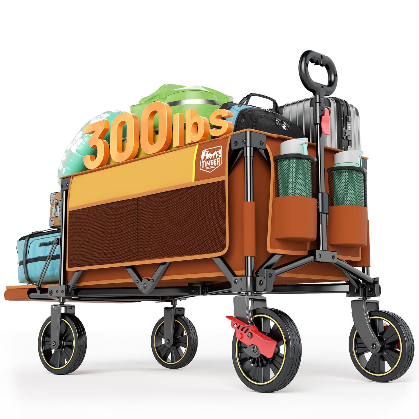 Timber Ridge 49" Extra Long Collapsible Folding Wagon with Tailgate and Brakes, 250L Capacity All-Terrain Wagon Carts Foldable, 300lbs Portable Cart for Dog, Garden, Outdoor Camping Sports, Orange