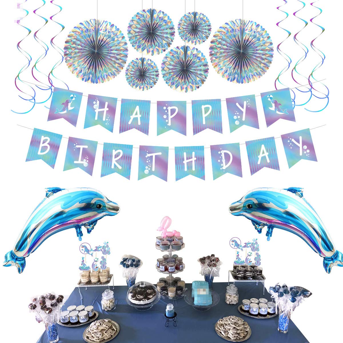 Dolphin Party Decorations Kit - Blue Ocean Theme Birthday Supplies with Balloons, Banner, Cupcake Toppers & Paper Fans for Kids and Adults