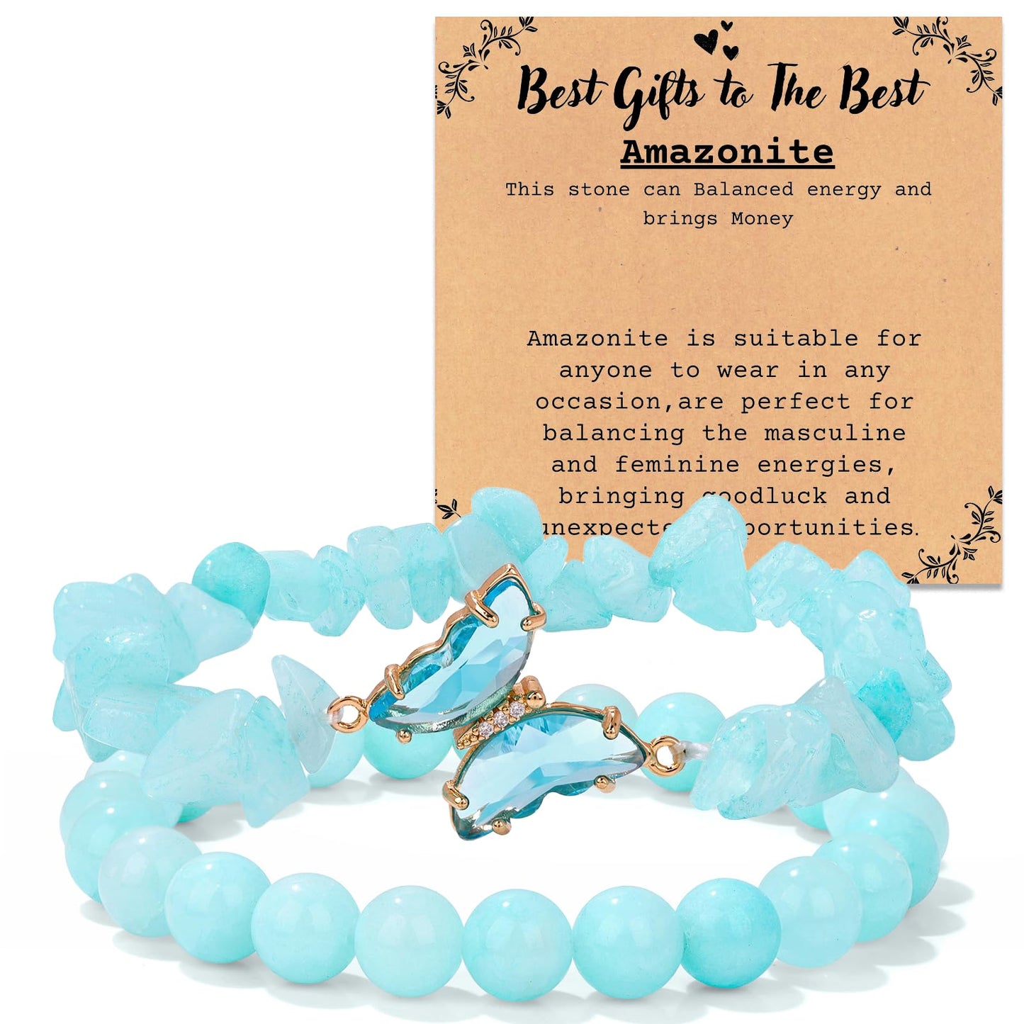 RONYOSTING Amazonite Healing Bracelet for Women - Yoga Jewelry with Butterfly Charm, Handmade Stretchy Round Beads Bracelet, Enhance Positive Energy