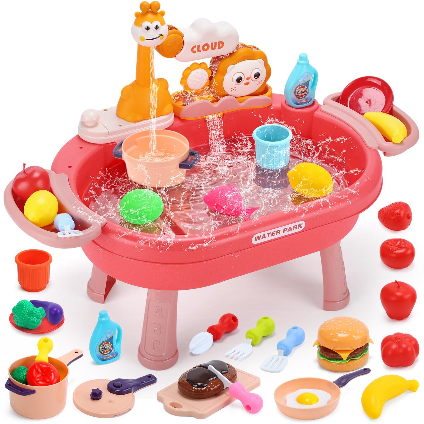 HOLYFUN Play Kitchen Sink with Running Water, Water Table Toy, Sink Toy with Functional Faucet, Play Food, Pots & Pans Kitchen Accessories, Realistic Pretend Play Gift Set for Toddlers and Kids (Pink)