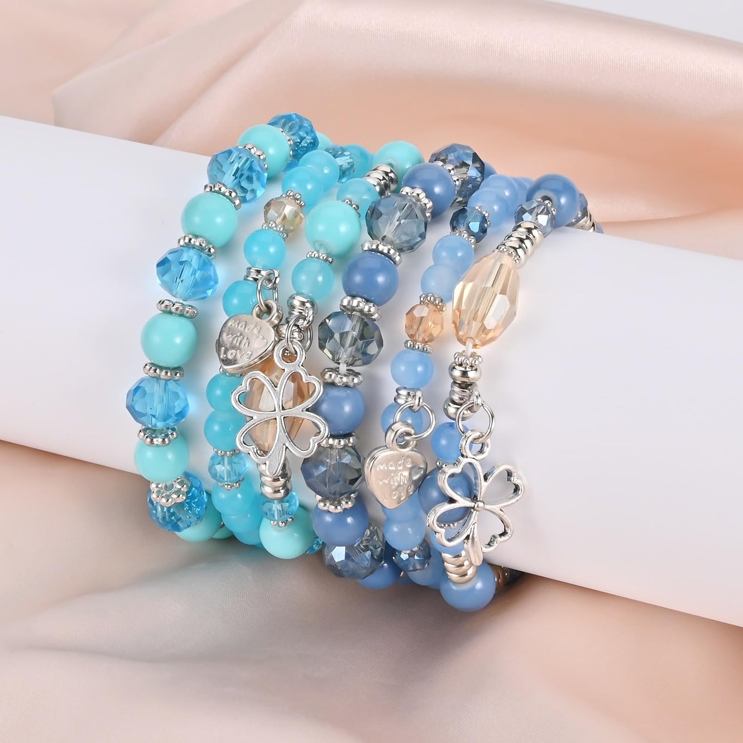 Bohemian Bracelet Sets for Women - 6 Sets Stackable Stretch Bracelets Multi-color Boho Jewelry for Women Hippie Bracelets Dainty Jewelry (Lucky grass stretch bracelet)