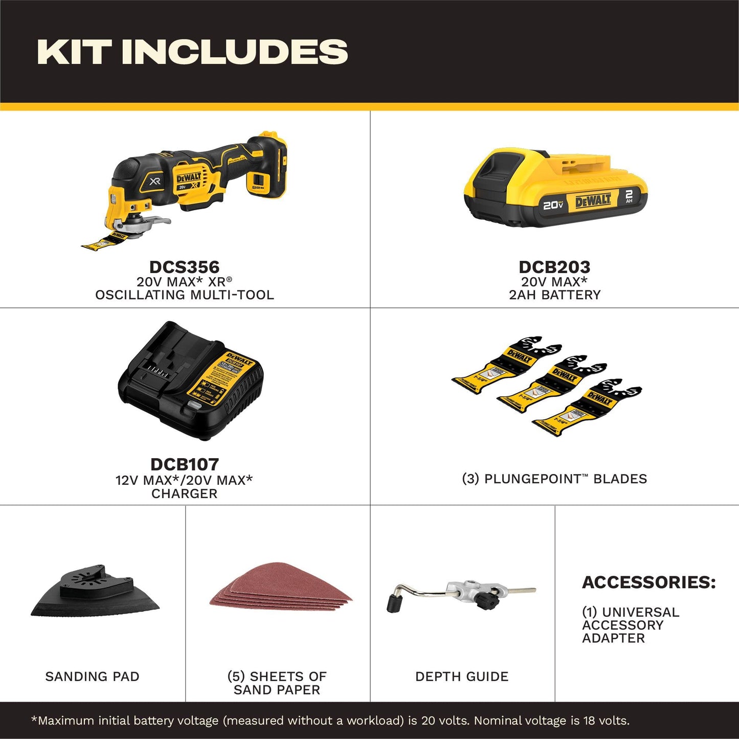 DEWALT 20V MAX XR Oscillating Multi-Tool Kit, Oscillating Tool Accessories, Cordless, 3-Speed, Quick Blade Change, Sand Paper, Blades, Battery and Charger Included (DCS356D1)