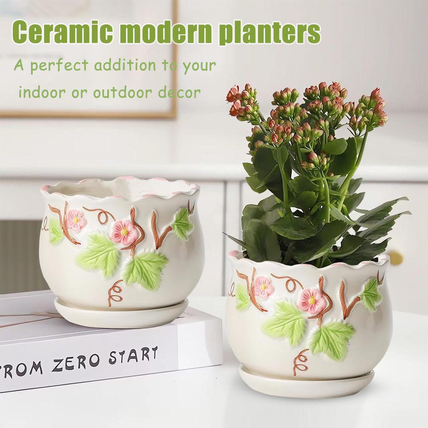 XIRYAER 3 Piece Ceramic Plant Pots with Drainage Hole and Saucer,6.7/5.1/3.9inch,Modern Decorative Planters for Indoor Plants,Round Flower Pot for Succulents,Herb Snake Plants(White)