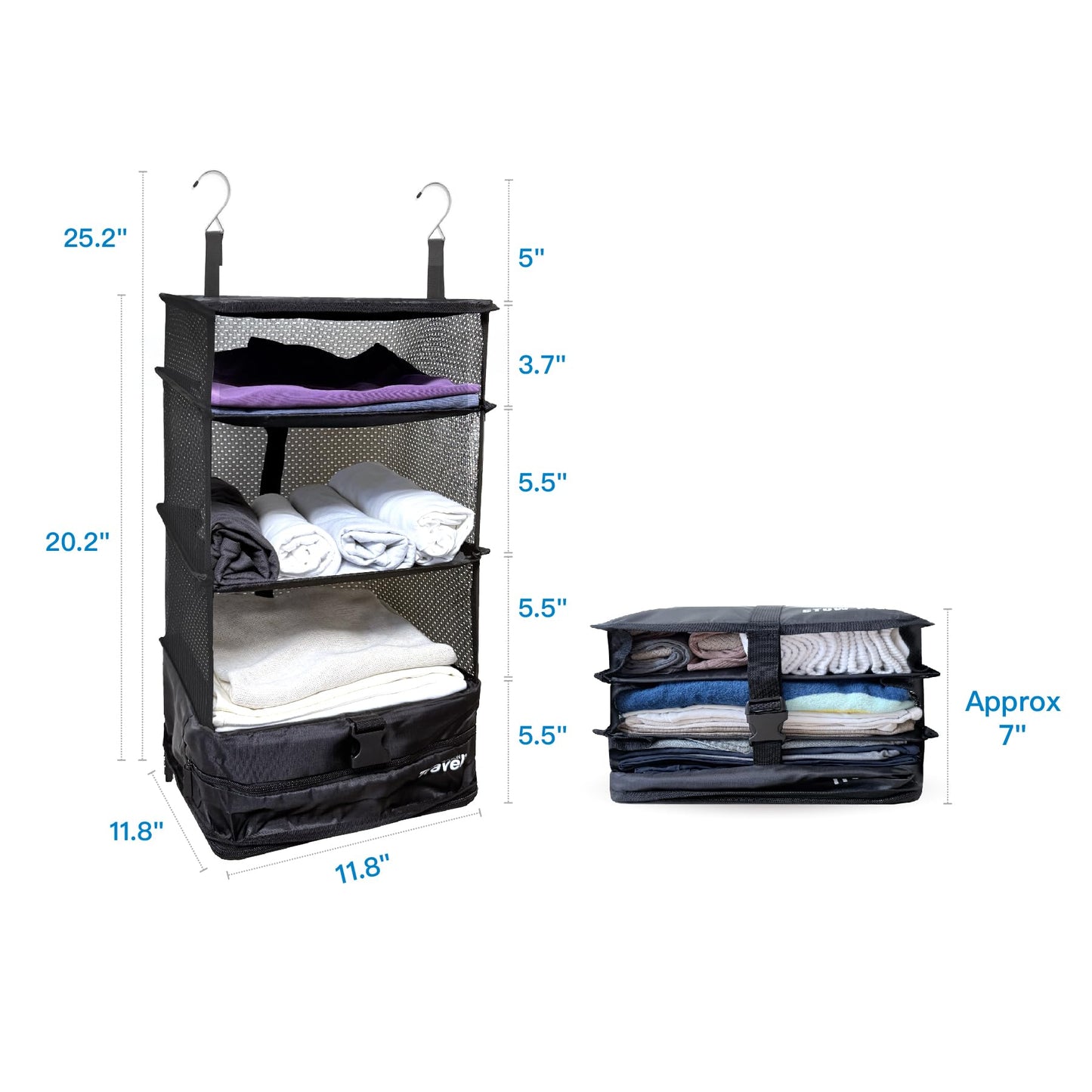 Grand Fusion Stow-N-Go Packing Organizer for Luggage, Portable Hanging Travel Shelves, Carry-On Closet, Hanging Packing Cubes, Collapsible Carry-On Organizer for Cruises & Hotels. Black - L
