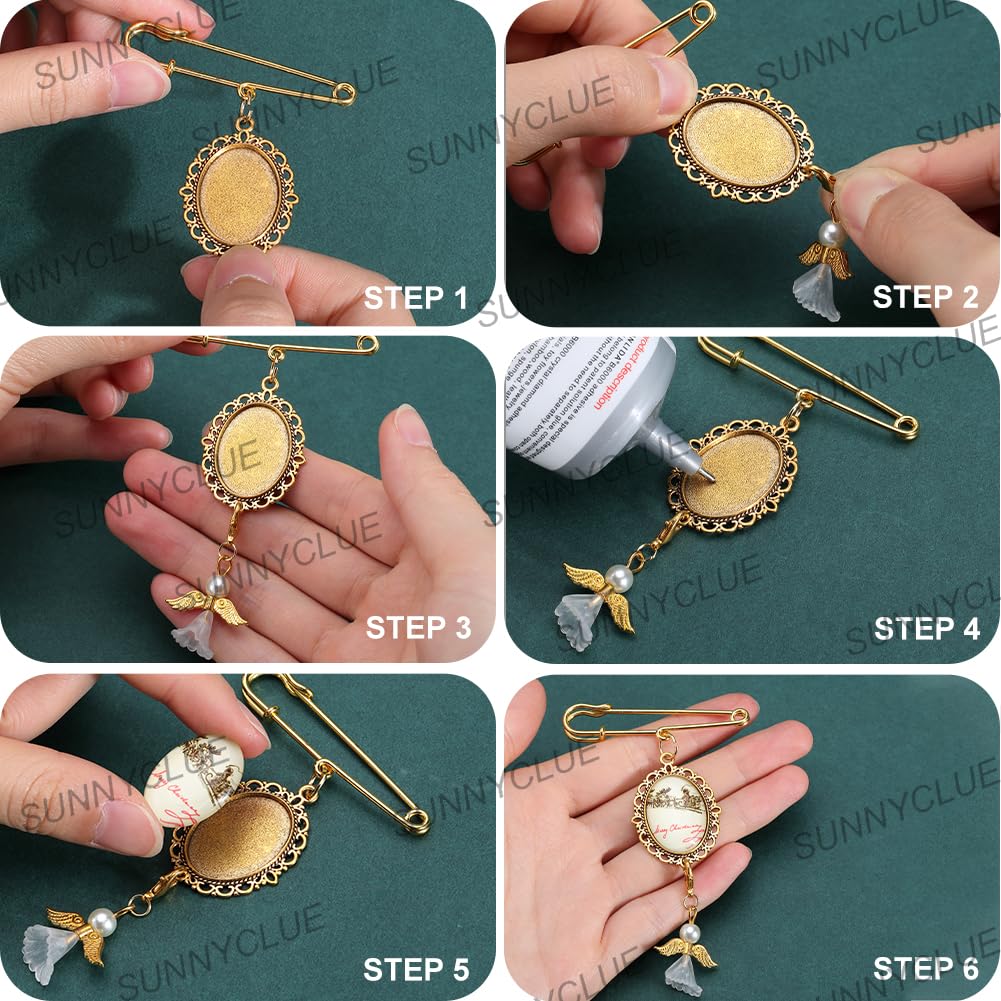 SUNNYCLUE 1 Box 10 Sets Gold Wedding Bouquet Photo Charms Memorial Picture Charm Personalized Glass Oval Picture Cabochons Brooch Pin Angel Wing Charms Kits for Wedding Bride Groom Party Gifts Flowers