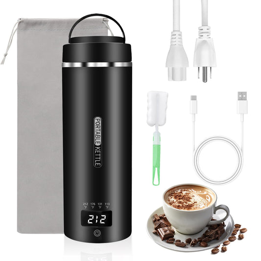 Travel Mini Kettle Portable Small Electric Kettle with Plug-in Boiling & Keeps Warm via USB, Portable Water Boiler with 4 Temperature Settings, 304 Stainless Steel with Auto Shut-off 16oz(Black)