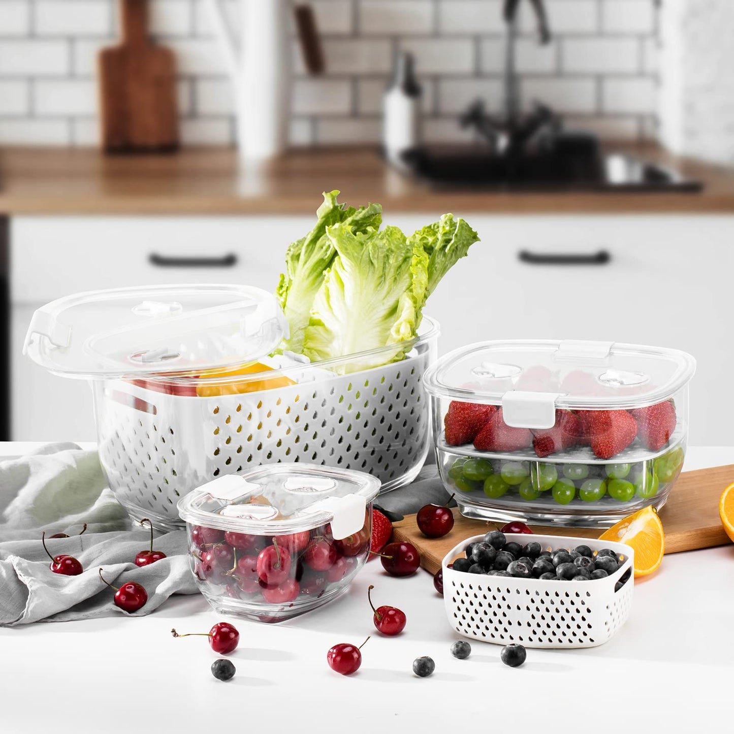 LUXEAR Fresh Produce Vegetable Fruit Storage Containers 3Piece Set, BPA-free, Partitioned Salad Container, Fridge Organizers, Used in Storing Fruits Vegetables, White