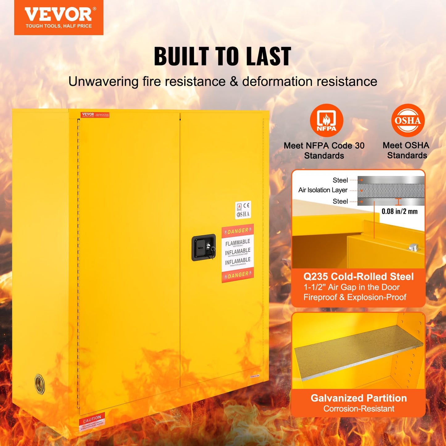 VEVOR Flammable Safety Cabinet 43.1 x 18.1 x 50.1, Cold-Rolled Steel Flammable Liquid Storage Cabinet 34 Gal with 2 Adjustable Shelves/2 Manual Closing Doors for Industrial Use, Yellow