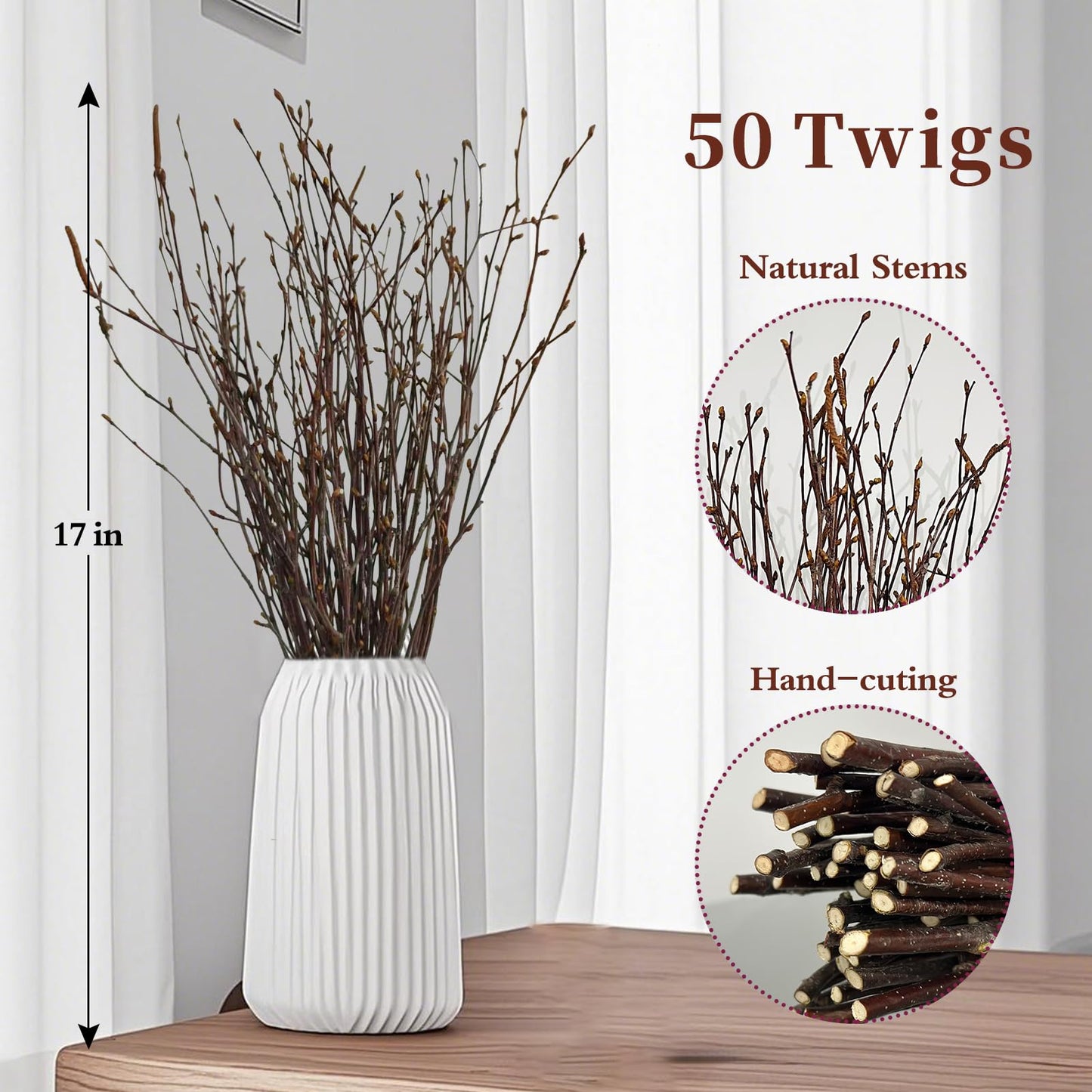 17 Inch Natural Birch Branches Dried Birch Twigs Wreath Making Supplies Dried Plants for Rustic Home Decor Easter Stems Vase Filler DIY Crafts Vases Tall Wreath Christmas Decoration Wedding (50Pcs)