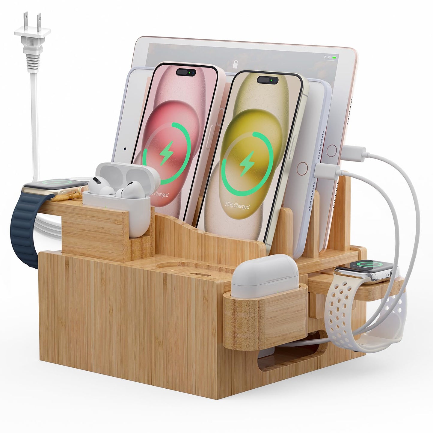 Pezin & Hulin Multiple USB Charging Station, Wooden Bamboo Dock Station for Cell Phones, Tablets, Earpods and Smart Watch, Including Power Charger HUB, 5 Cables -Natural Bamboo