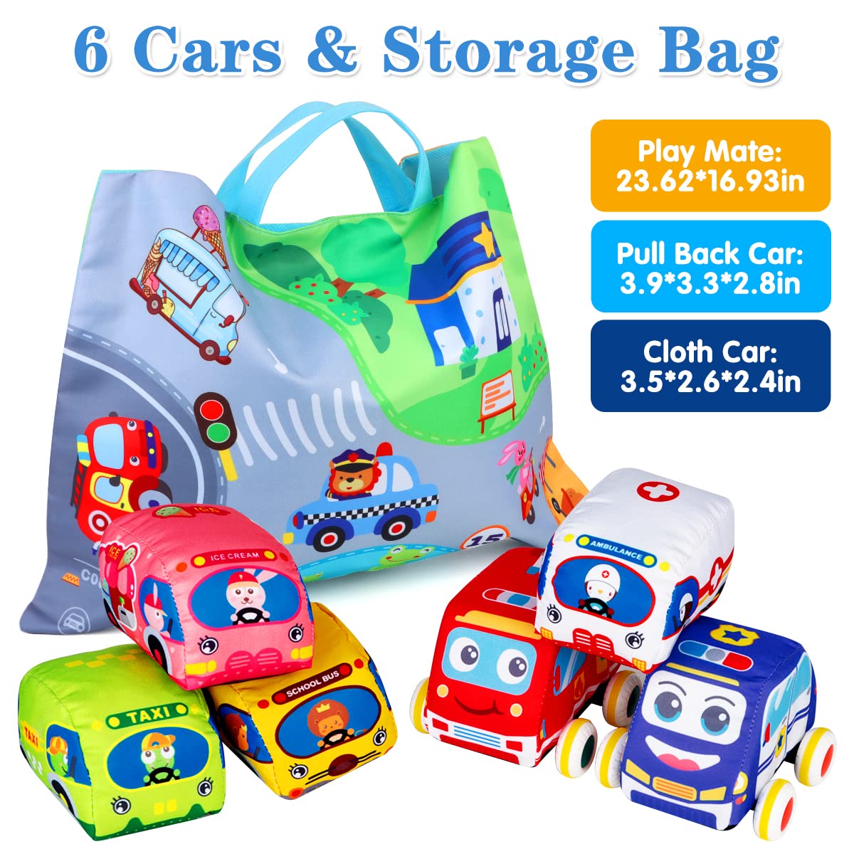 Baby Toys 6 to 12 Months - Soft Car Toys for 1 Year Old Boy Girl with Playmat Storage Bag - Infant Baby Toys 12-18 Months Toddler Toys Age 1-2 - 1st Birthday Gifts 1 2 3 Years Old Baby