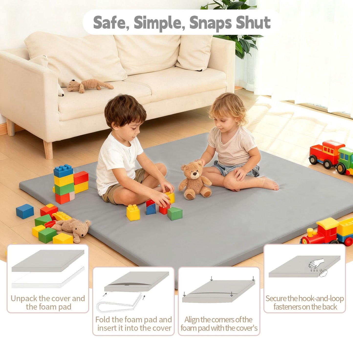 LevNubis PU Leather Baby Play Mat for Floor, 47"×47" Playpen Mat, 1.3" Thick Elasti-Foam, Non-Slip Crawling Mat for Tummy Time, Waterproof & Wipe-Clean Playmat for Toddler,Infant, Kids (Grey）