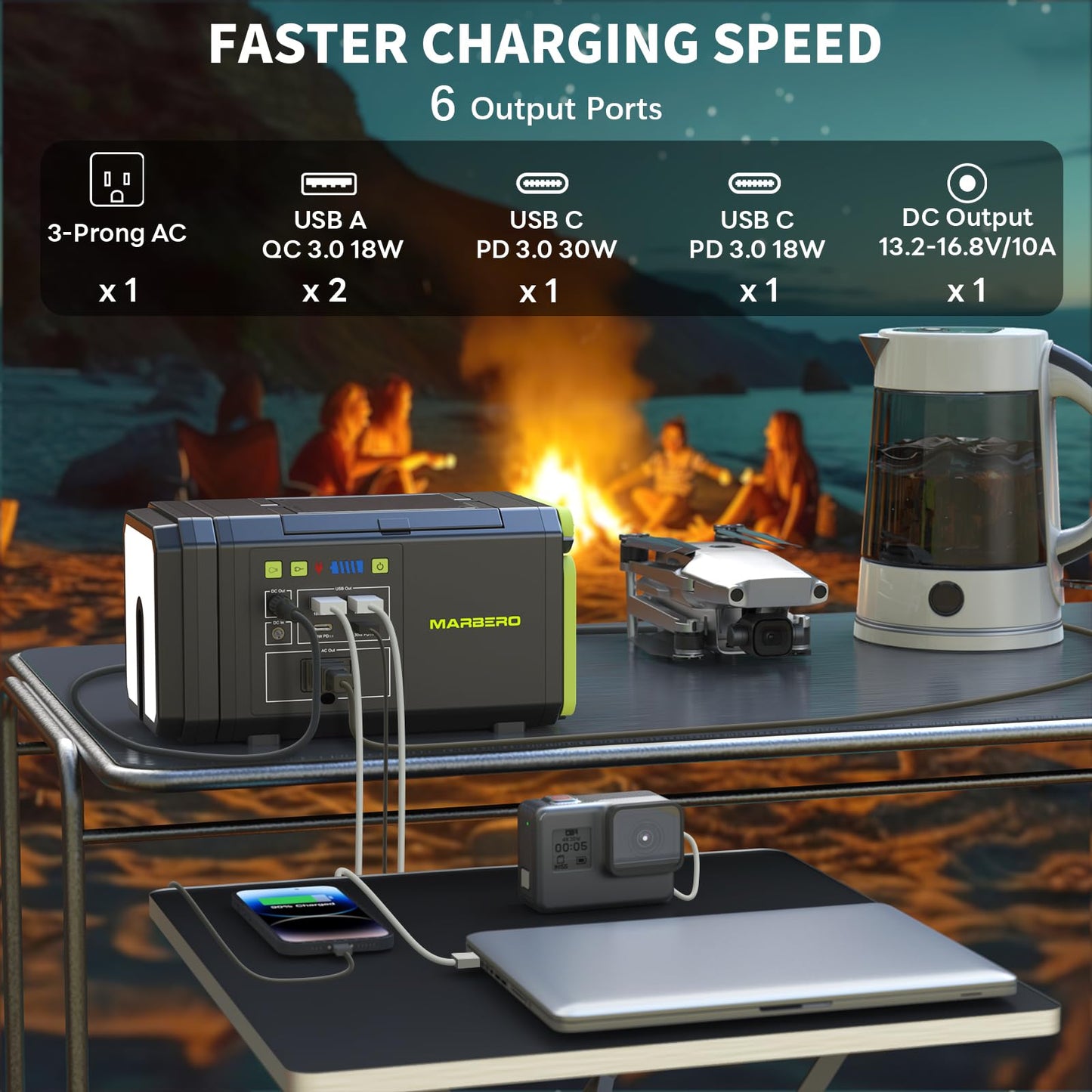 MARBERO 118Wh Portable Power Station with Telescopic Camping Lights for Camping Hiking 32000mAh 160W Max Power Bank with AC Outlet USB DC Output Solar Generator with Telecoping Light Emergency