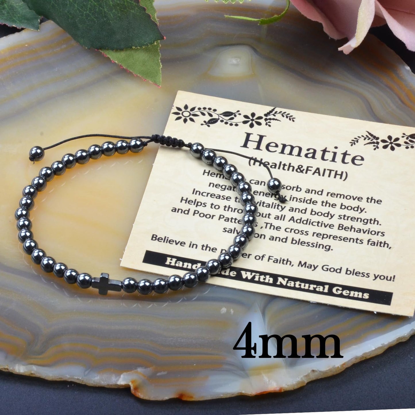 CHCCOYE 4mm Handmade Adjustable Natural Gemstone Crystal Bracelet Healing Power Energy Inspirational Gifts with Card for Unisex (Hematite)
