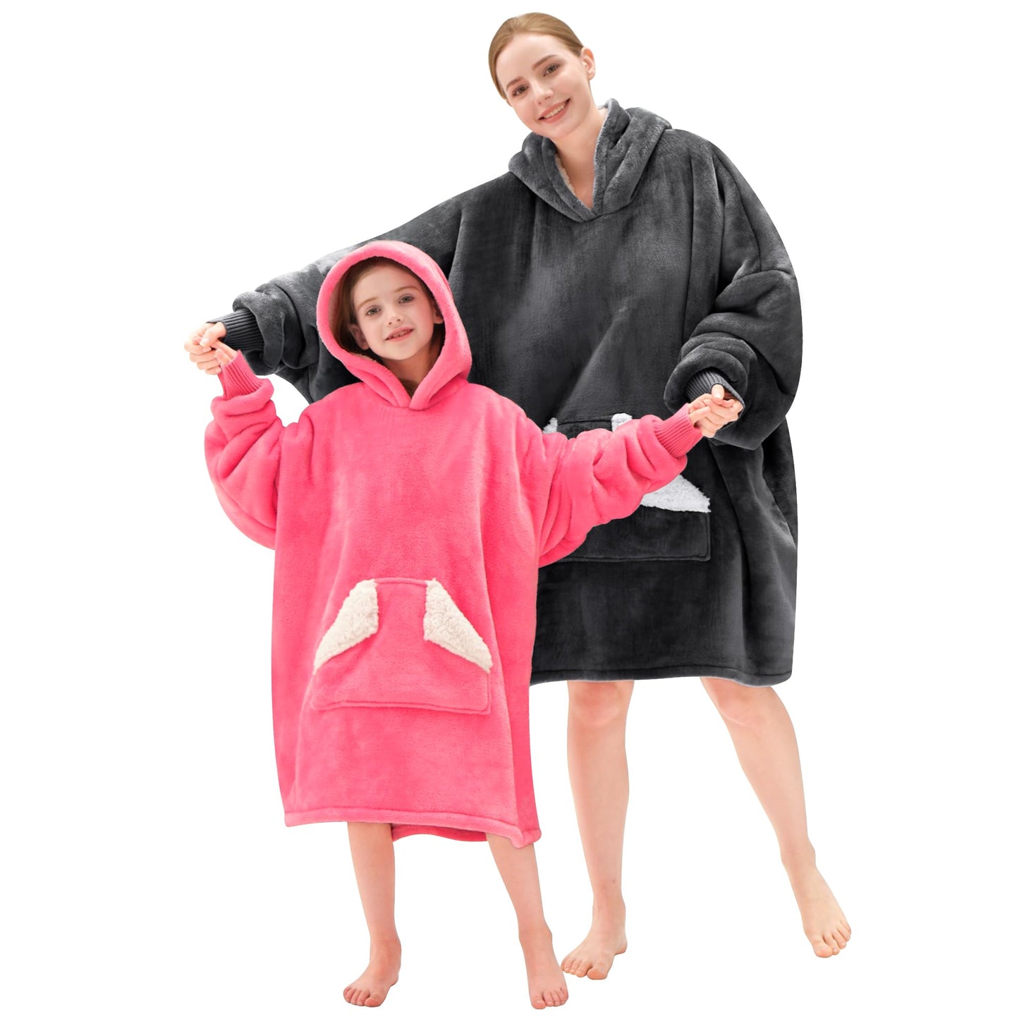 Touchat Wearable Blanket Hoodie, Oversized Sherpa Fleece Sweatshirt Blanket with Giant Hood Pocket and Sleeves for Adult, Warm & Cozy Grey Blanket Gifts for Women