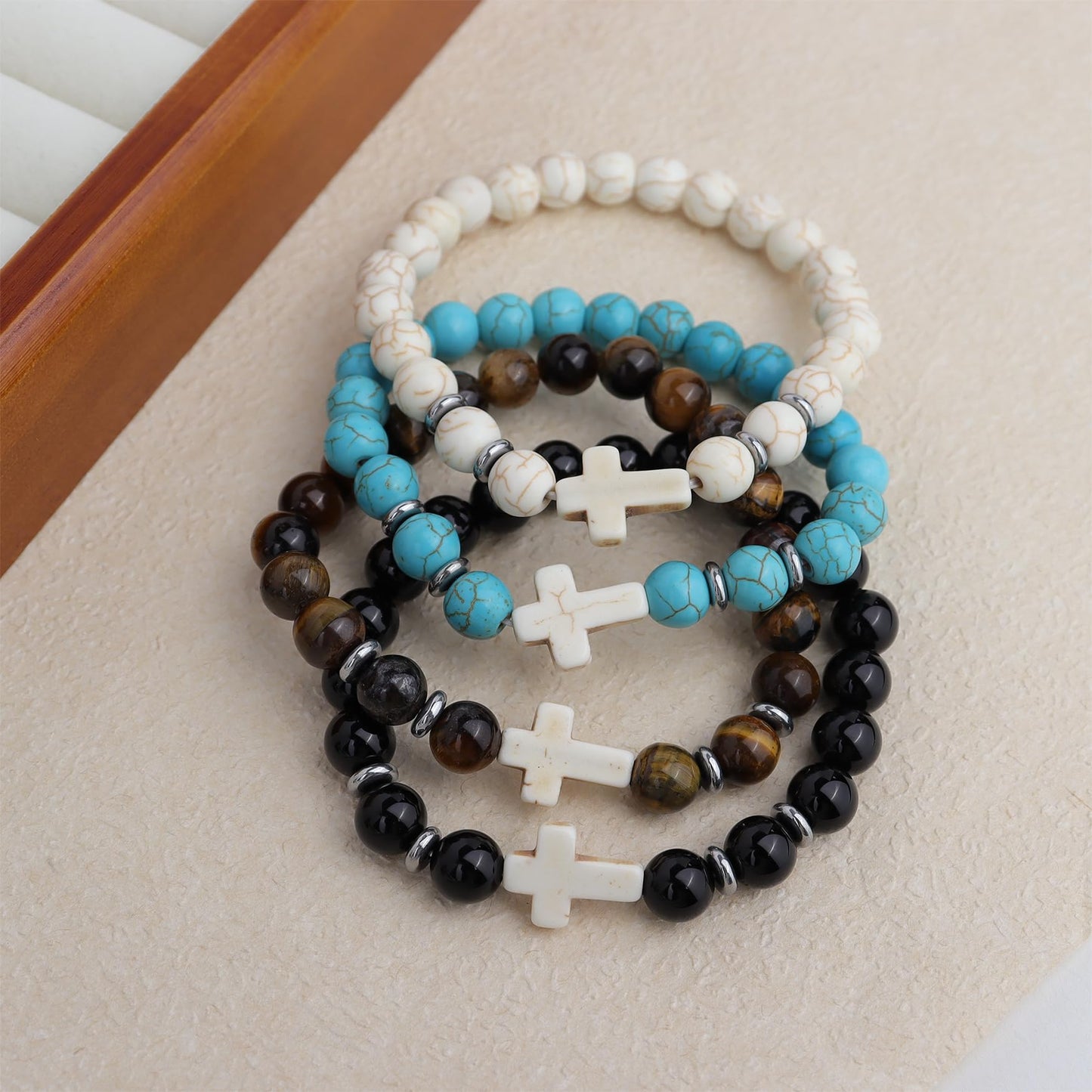 Frigotine Cross Created Turquoise Beads Stretch Protection Bracelet for Man Woman, Handmade Healing Stone Chakra Beads Elastic Bracelets Religious Accessories Fashion Jewelry Fathers Gift