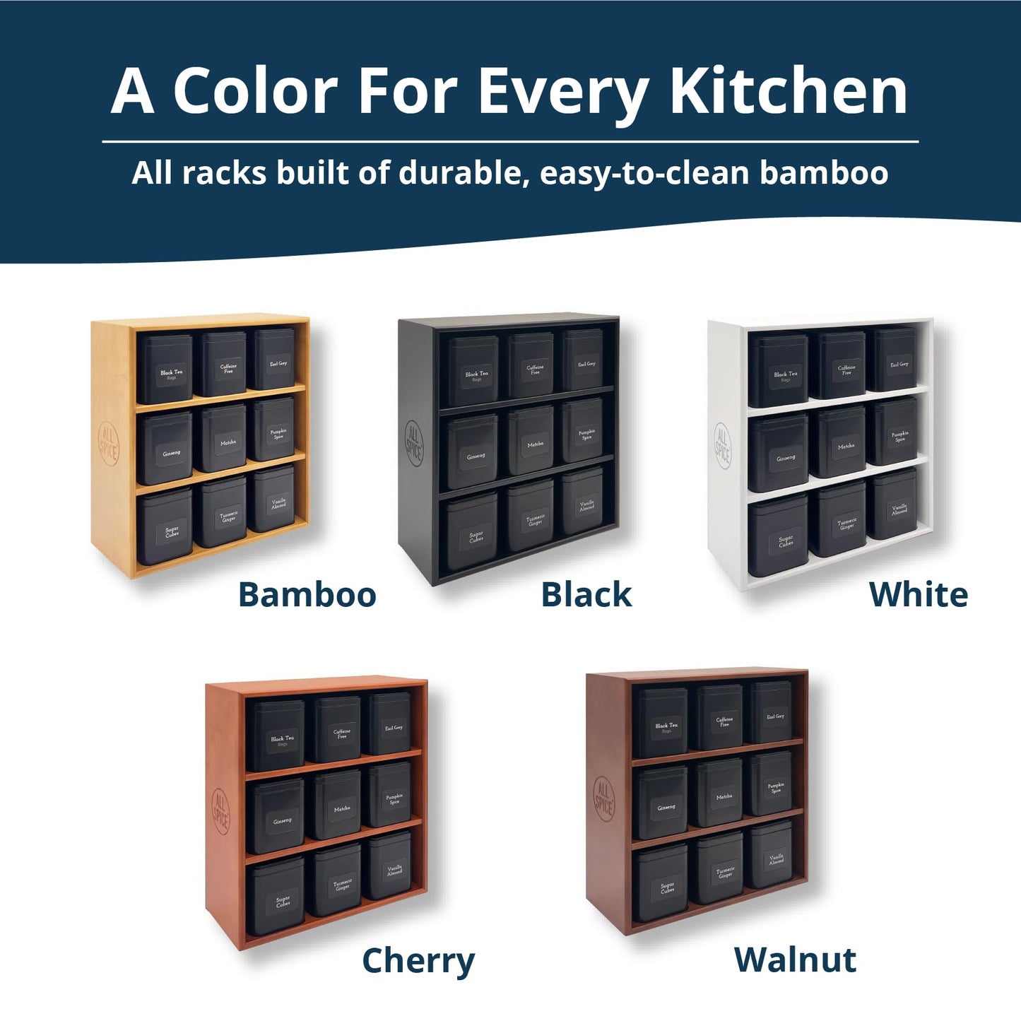 AllSpice Tea Organizer Rack with 9 Tins & 160 Magnetic Labels – Perfect for Bagged & Loose Leaf Tea Organization - Bamboo