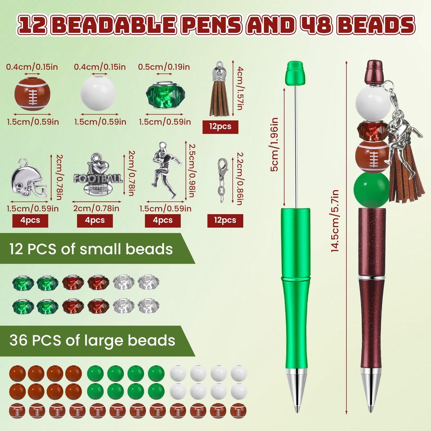 NEWEST 12 Pieces Sports Beadable Pens Plastic Football Bead Pens Included 48 Beads 12 Tassels 12 Pendants Football Beads Pen DIY Making Kit Beadable Ballpoint Pen for Gifts School Office Supplies