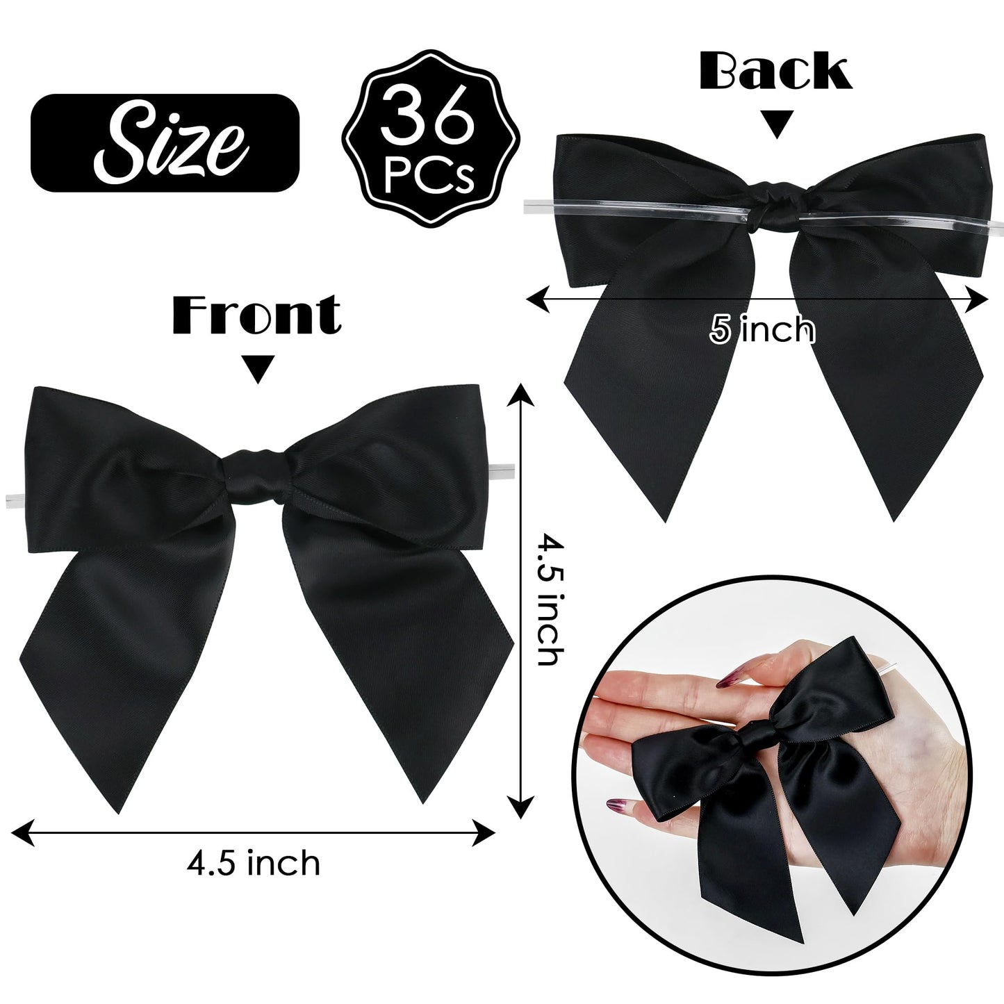AIMUDI Black Satin Ribbon Twist Tie Bows for Treat Bags 4.5" Pre-Tied Black Bows for Christmas Tree Black Ribbon Bows for Crafts Premade Bows for Gift Wrapping Baby Shower Party Favors - 36 PCs