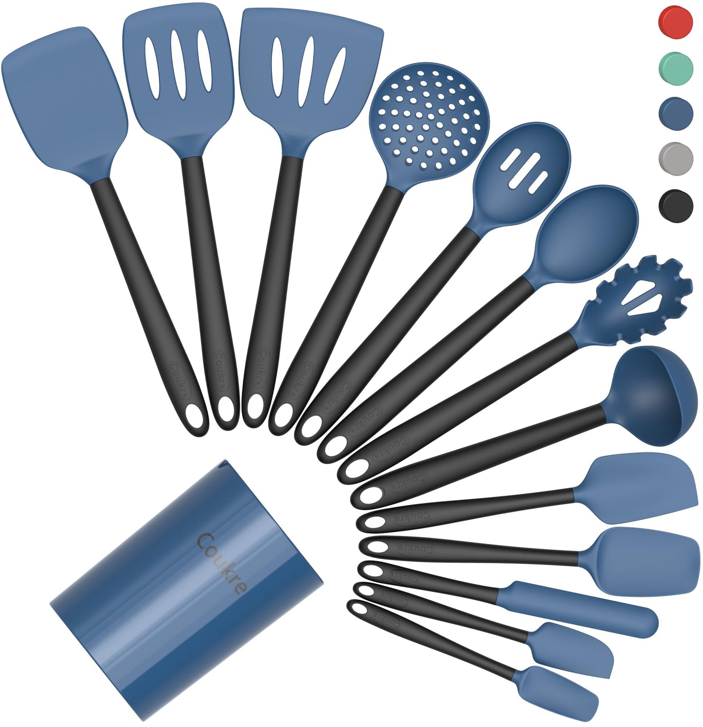 Coukre Silicone Kitchen Cooking Utensils Set with Holder – Heat-Resistant, Food-Grade Kitchen Tools, Spatula, Spoon & Gadgets for Non-Stick Pans, Dishwasher Safe (14, DarkBlue)