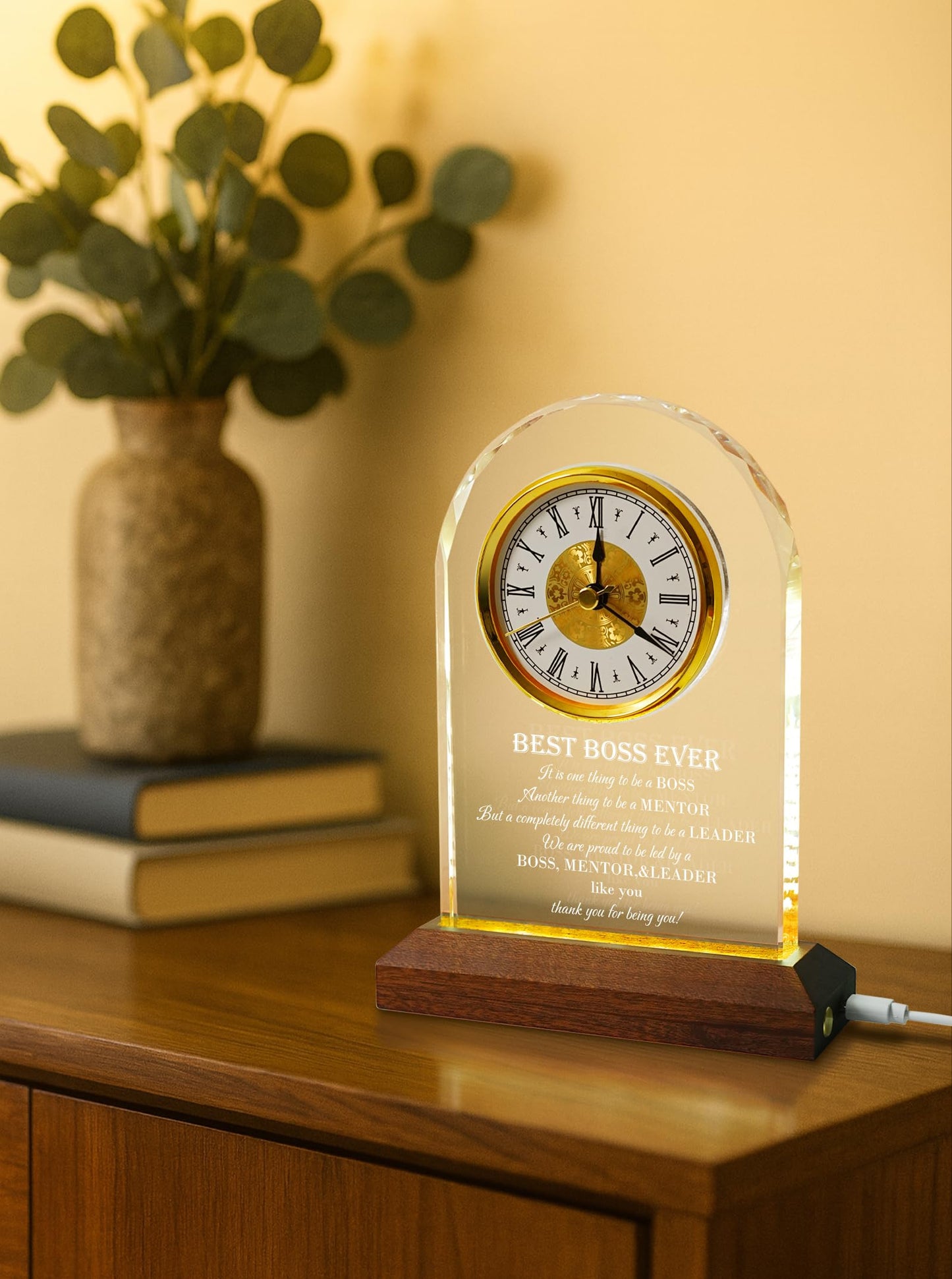 Best Boss Ever Gifts for Men & Women — Glass Desk Clock with Wooden Light Base | Boss Appreciation & Retirement Farewell for Male/Female Boss, Boss’s Day Idea, Office & Home Decor, Card & Gift Box