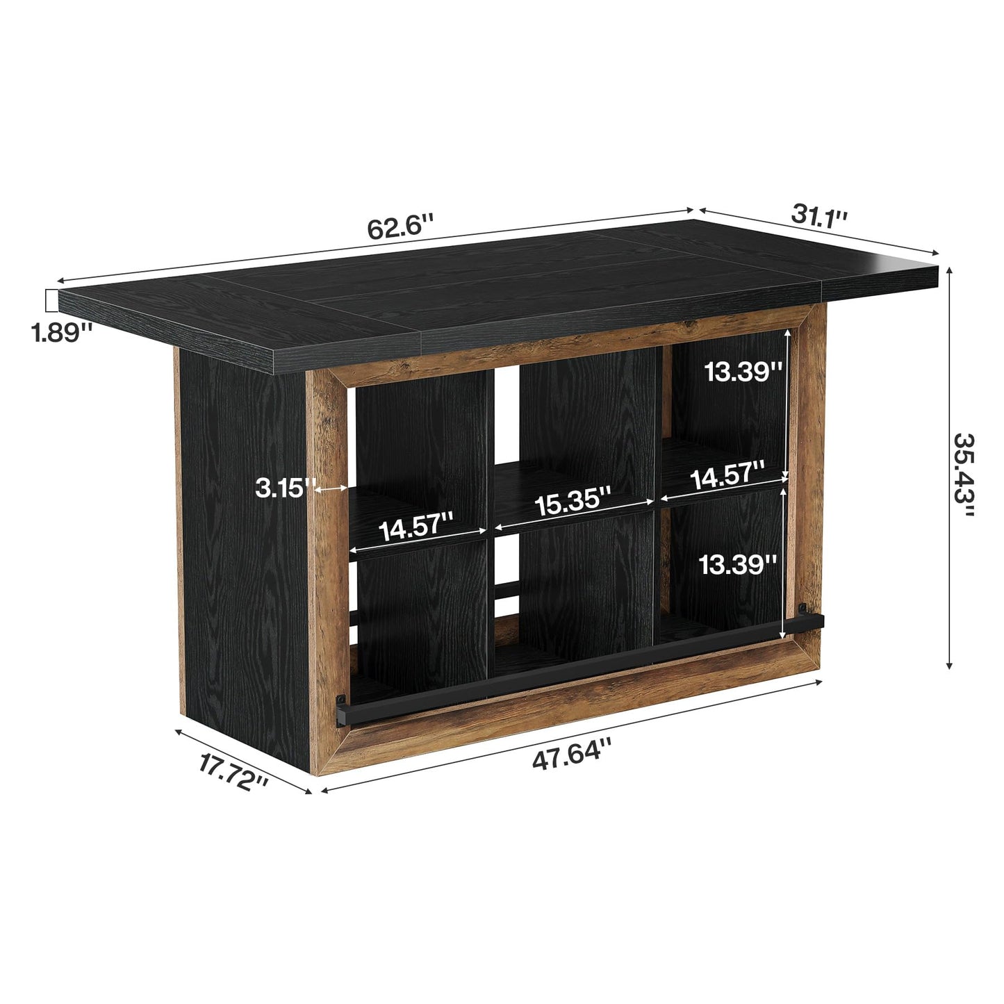 Tribesigns Bar Table with Storage, 62.6" Rectangular Home Bar Cabinet Unit with 6 Spacious Cubbies and Metal Footrests, Large Counter Height Pub Table for Home Kitchen, Dining Room, Brown & Black