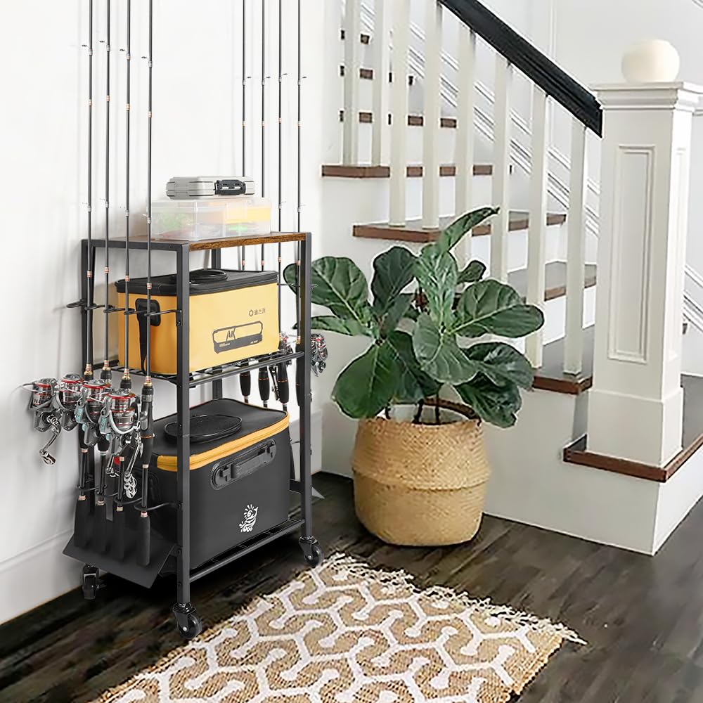 Olakee Fishing Rod Holder Cart for Garage & Home – Rolling Fishing Pole Organizer with Wheels, Holds 8 Rods, Tackle Storage Rack for Entryway, Corner, Gift for Men & Dad Anglers