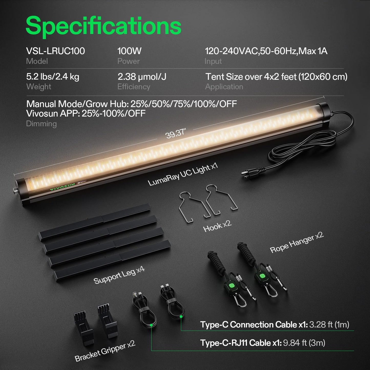 VIVOSUN LumaRay Under Canopy Grow Light, Full Spectrum Dimmable LED Grow Lights for Grow Tents, Greenhouses, SGS Compatible, 100W, 3.28 ft, 1 Pack