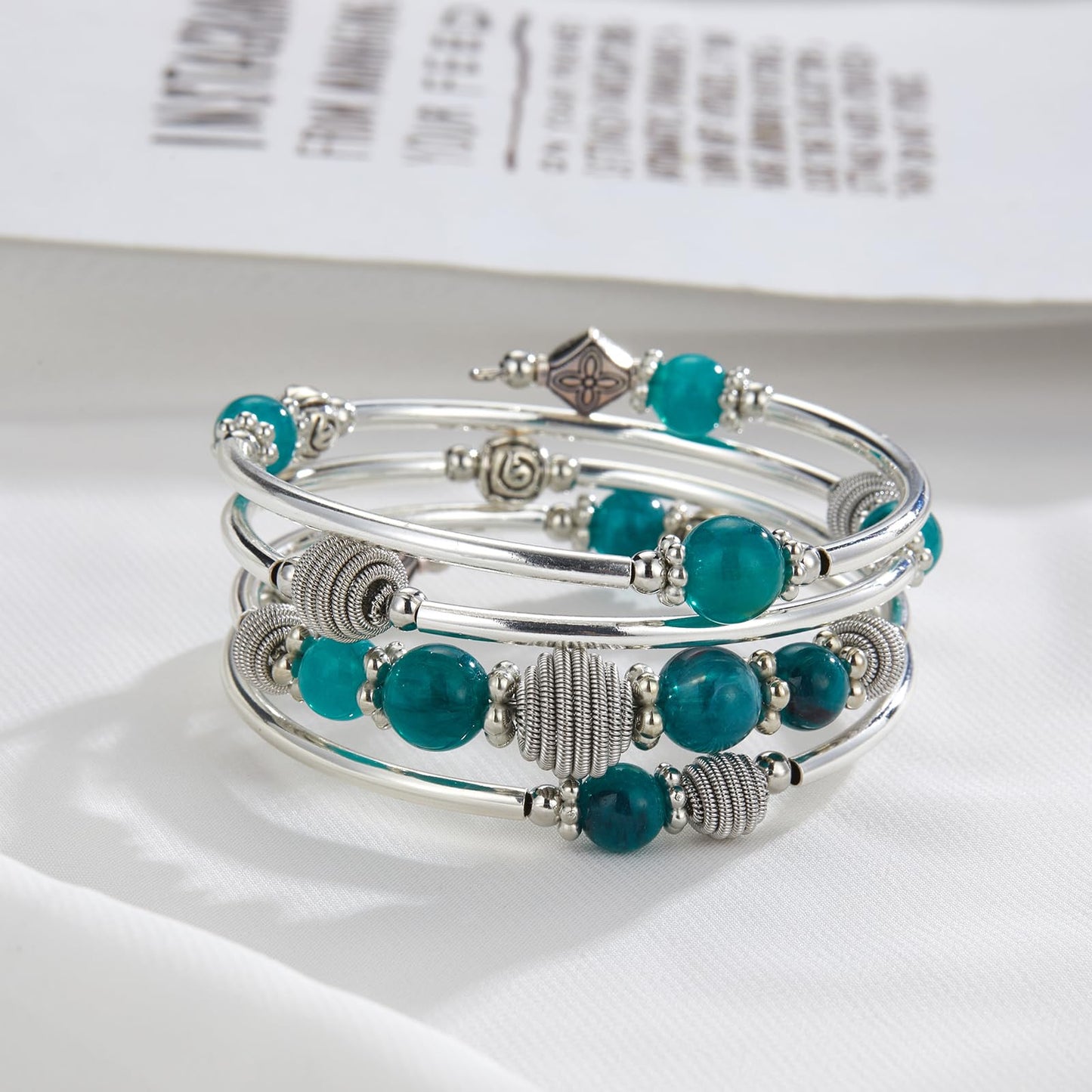 PEARL&CLUB Beaded Chakra Bangle Turquoise Bracelet - Fashion Jewelry Wrap Bracelet with Thick Silver Metal and Mala Beads, Birthday Gifts For Women(Sea green)