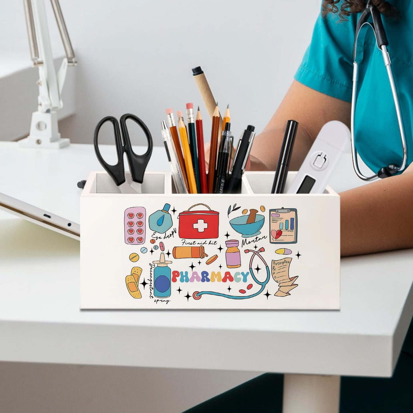 KBRCT Pharmacy Nurse Gifts Pen Holder for Desk, Pharmacy Technician Gifts Wooden Box Sign Desk Decor for Office Home Decoration, Pharmacist Gift Pencil Organizer