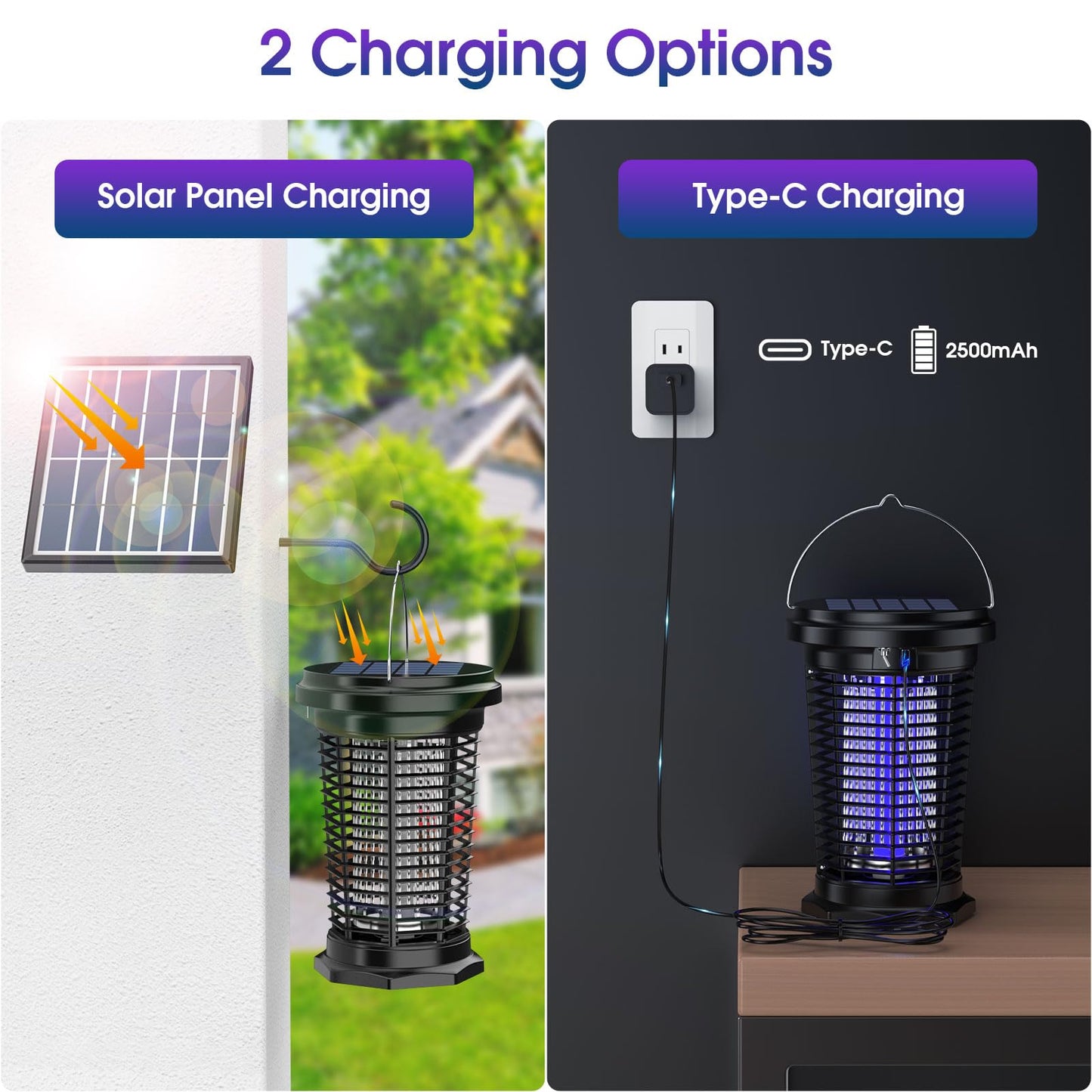 Solar Bug Zapper Outdoor & Indoor with 1.5W+4.5W Dual Solar Panel 2026, USB Rechargeable Electric Mosquito Zapper for Flies Gnats Moths, Fly Trap for Home, Patio, Backyard, Camping, Garden