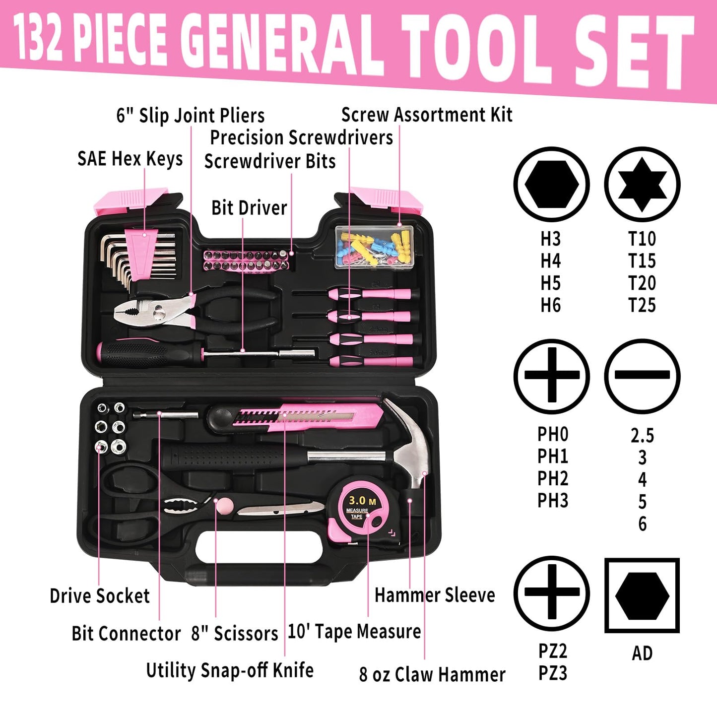 132 Piece Pink Tool Set, Womens Tool Kit for House, All Purpose Tool Kit for Home & Women, Small Home Repair Tool Set with Plastic Storage Toolbox for Garage, Office, College Dormitory, DIY Projects