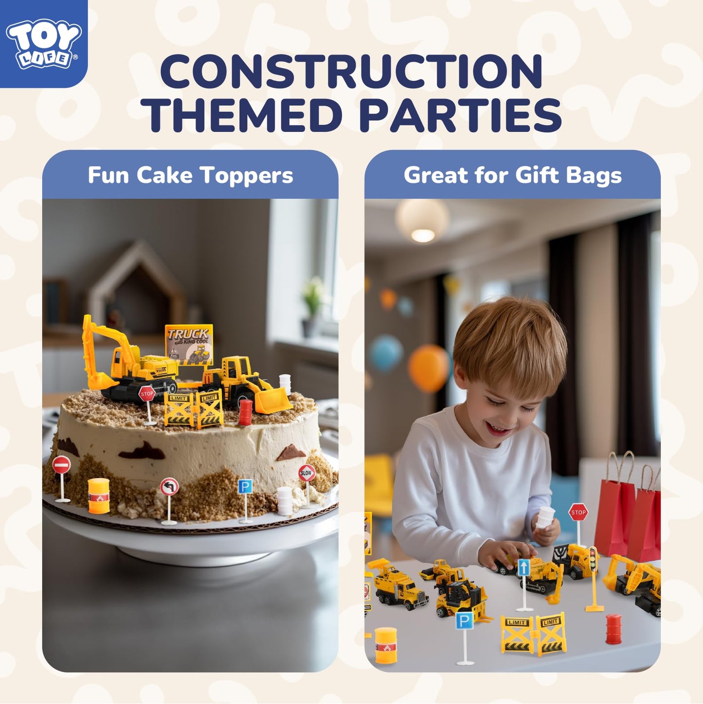 TOY Life 35 PCS Construction Toys, 12 Mini Construction Vehicles with Accessories, Excavator Bulldozer Dump Truck Playset, Sandbox Toys and Cake Toppers for Kids Ages 3-8