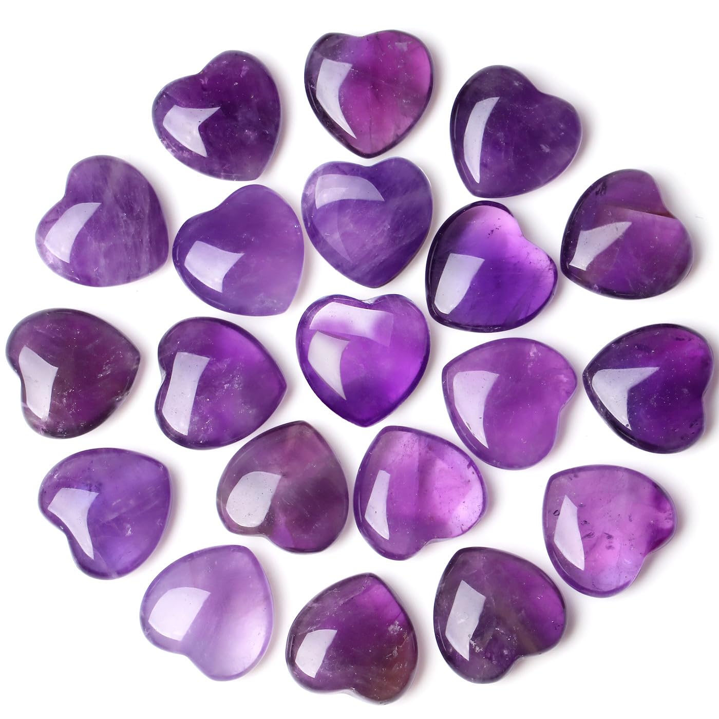 NUKAYAI 20PCS Amethyst Crystals Healing Stones Love Heart Shaped Polished Crystal Natural Purple Cute Pocket Thumb Reiki Wholesale Set Balancing Meditation Mothers Day Bulk Gifts for Women