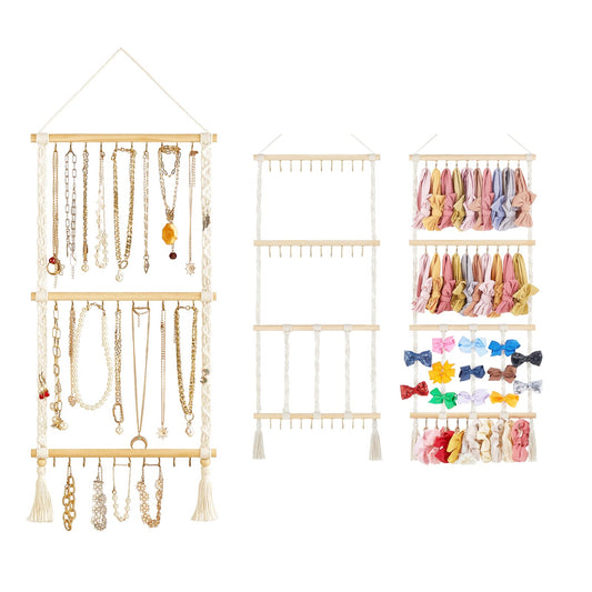 Dahey Hanging Jewelry Organizer Macrame Necklace Holder with 30 Hooks and Macrame Headband Holder with 30 Hooks Boho Nursery Decor for Baby'S Room