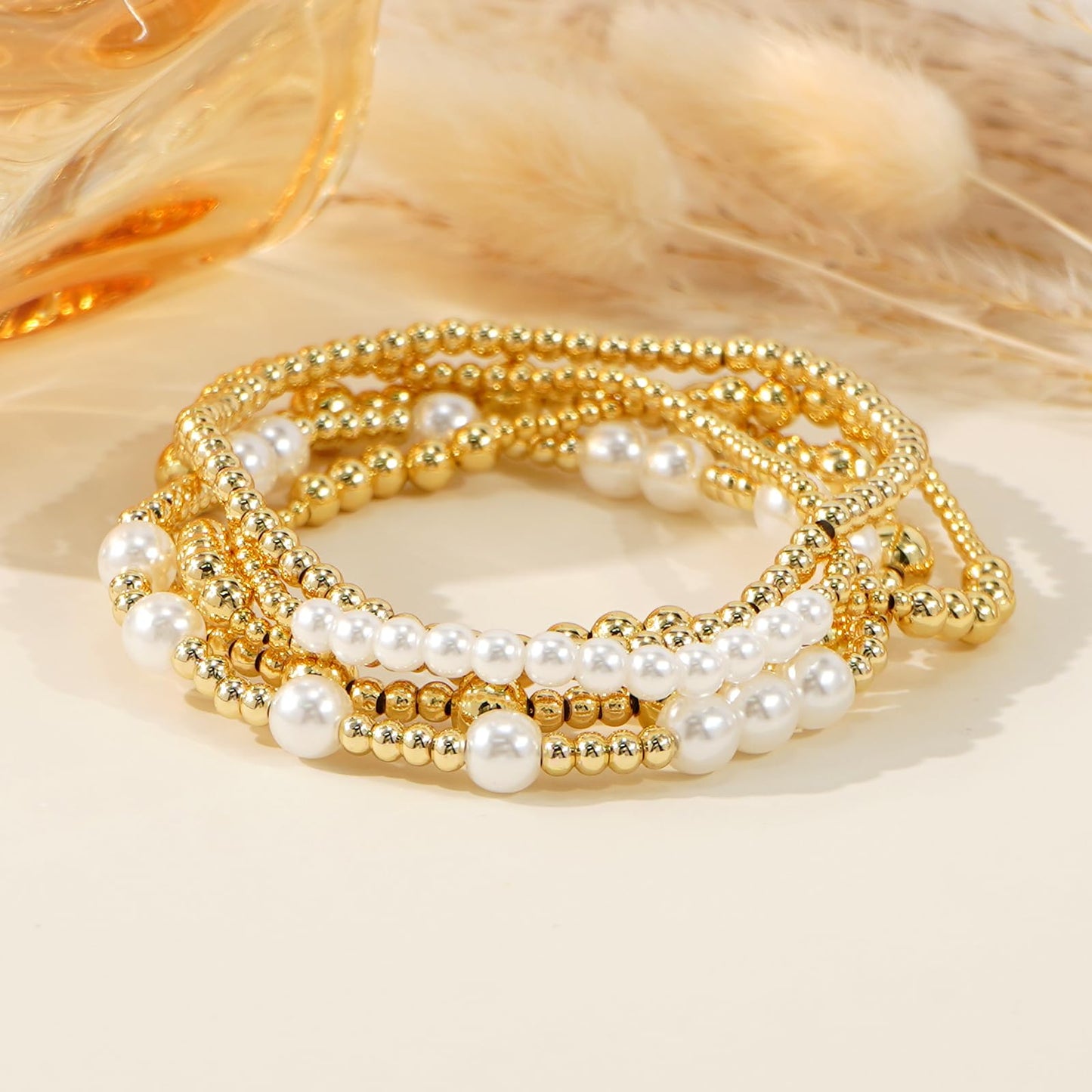 14K Gold Pearl Beaded Bracelet Stack for Women,Dainty Bohemian Stretch Gold Plated Ball Beads Non Tarnish Stackable Bracelets Fashion Holiday Party Jewelry Gift Friendship