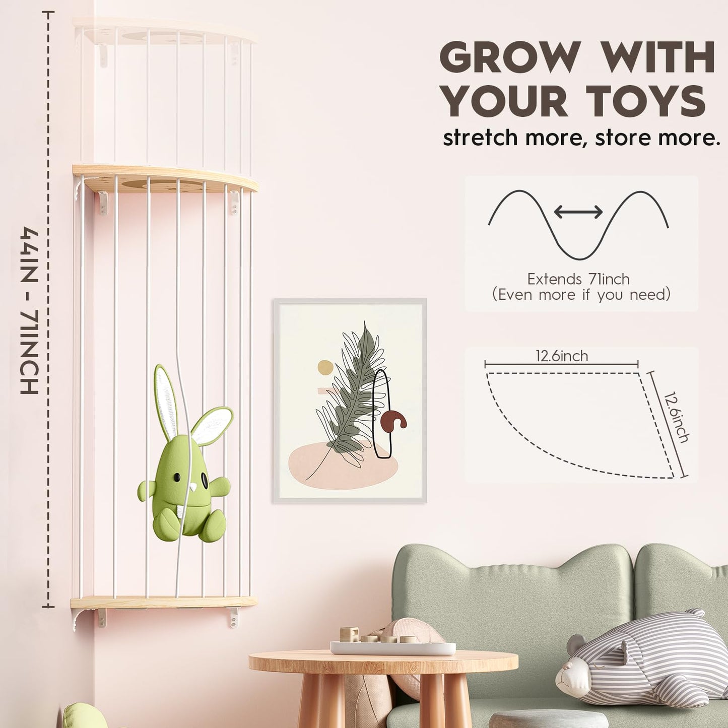 Zayysoha Corner Stuffed Animal Storage Zoo, Large Adjustable Solid Wood Plush Toy Organizer, Hanging Stuffie Holder Shelf & Cage with Engraved Dinosaur Star Moon for Kids Nursery Playroom