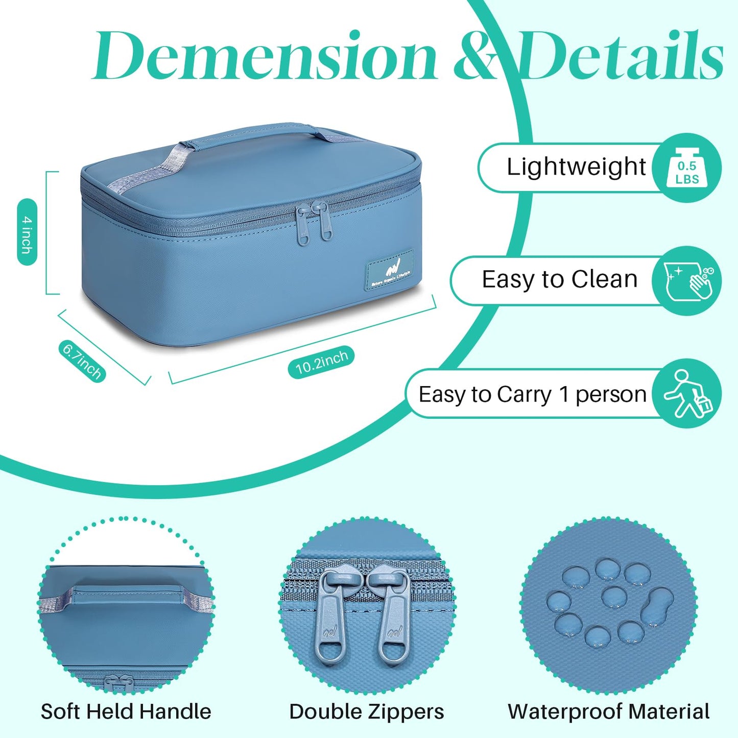 NOL Natural Organic Lifestyle Insulated Lunch Bag for Adults –Compact Cooler Lunch Box with Food-Grade Lining, Waterproof Lunch Bag for Work, Travel | Portable Thermal Meal Tote with Handle,Dusty blue
