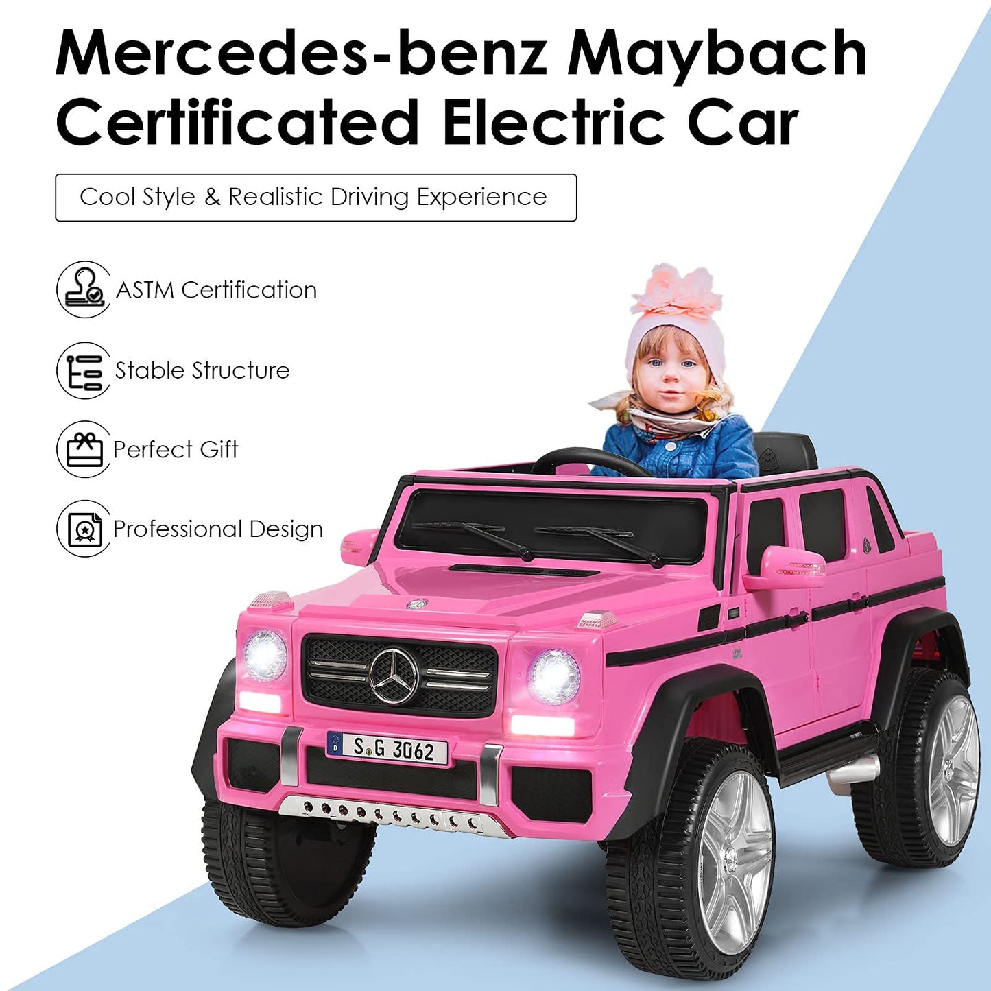 HOMGX Ride On Car, 12V Battery Powered Truck w/2.4G Remote Control, Motorized Toy w/3 Speeds & Spring Suspension, Double Door w/Lock, Licensed Mercedes-Benz Electric Cars for Kids (Pink)