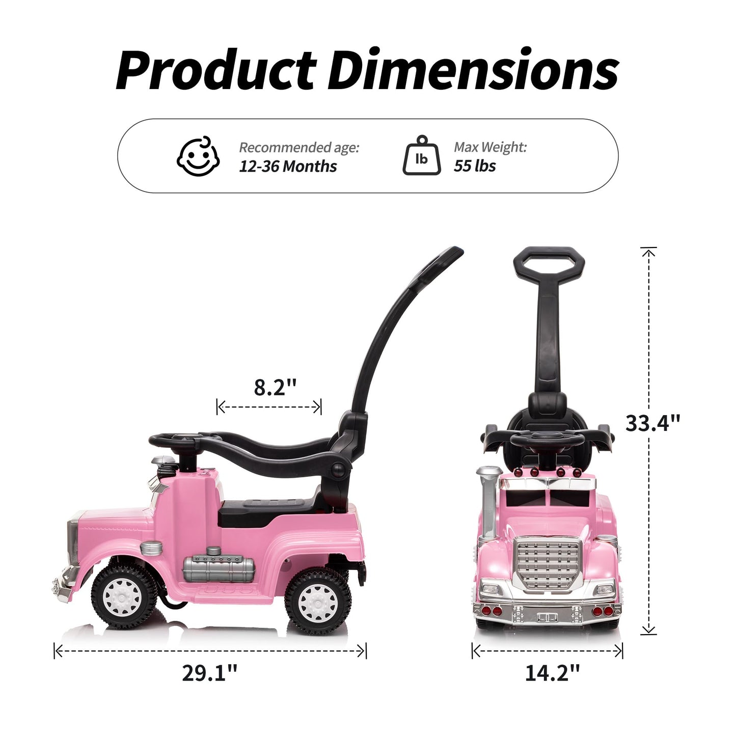 Outfunny 3-in-1 Ride on Push Car for Toddler with Handle, Toddler Ride on Toy for Girls Aged 1-3, Stroller Sliding Walking Car w/Music and Horn - Pink